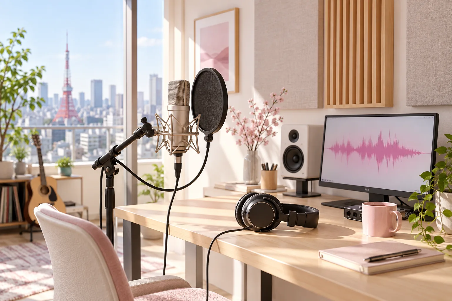 A professional microphone and audio recording desk