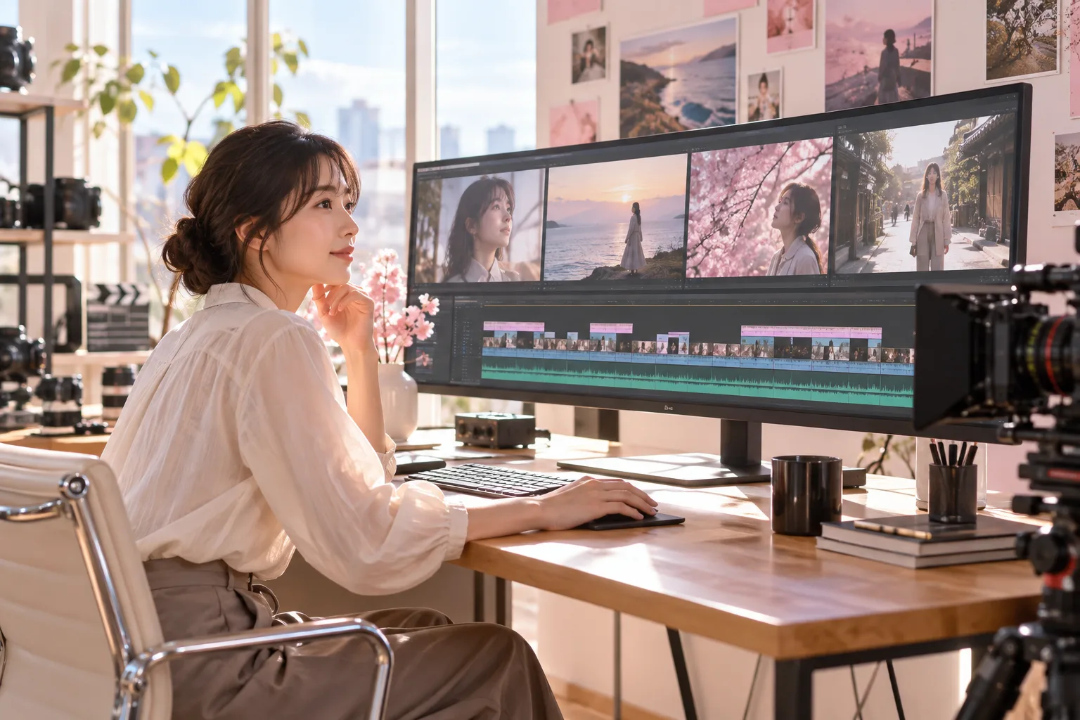A bright video-editing studio with film frames